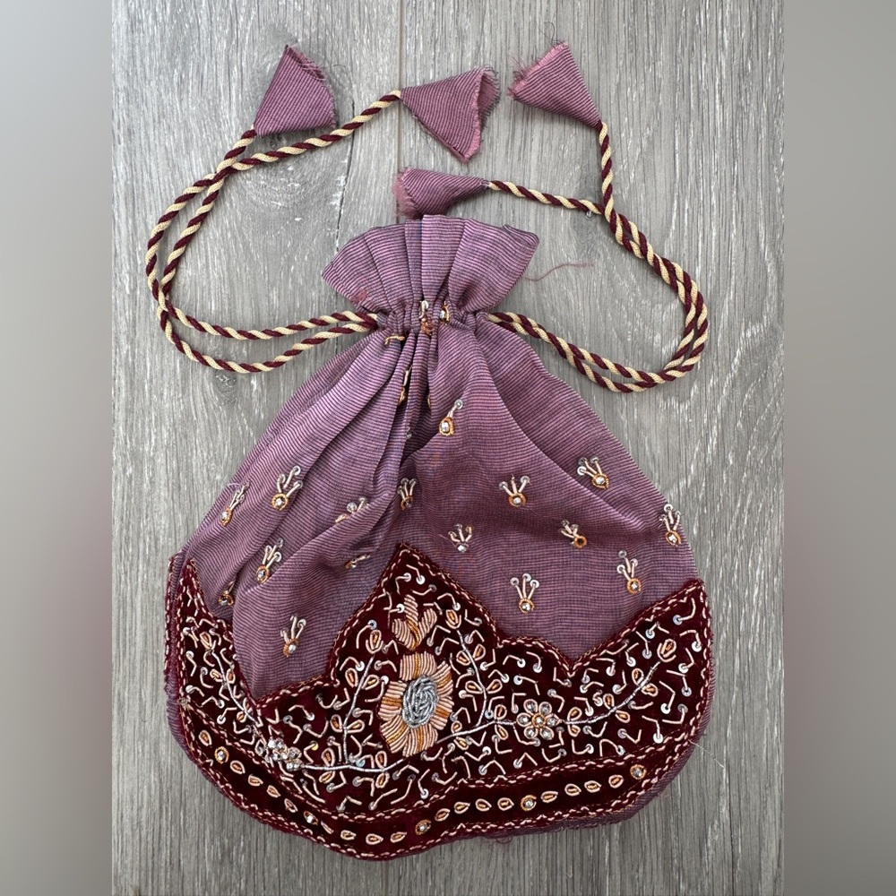 Unique Vintage Handmade Embroidered Beaded Purple Drawstring Bag